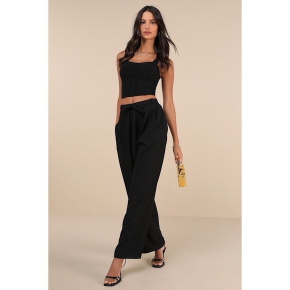 Lulus Simply Poised Black Twill Wide-leg Pants - Size M - Picture 1 of 1